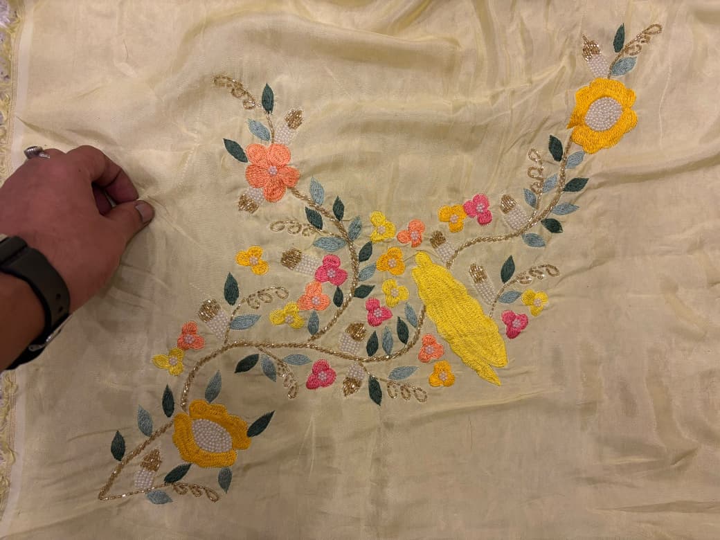 Premium Pure Yellow Organza Silk saree embellished with resham thread pearl cut daana handwork & pure Russian silk handwork