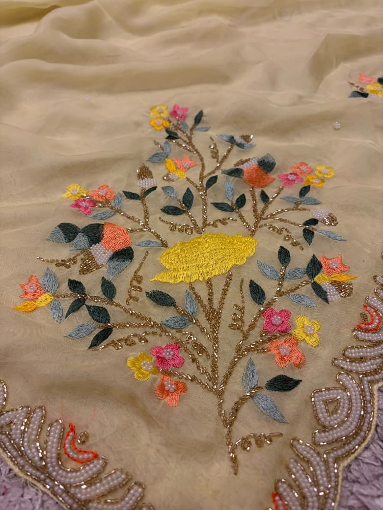 Premium Pure Yellow Organza Silk saree embellished with resham thread pearl cut daana handwork & pure Russian silk handwork