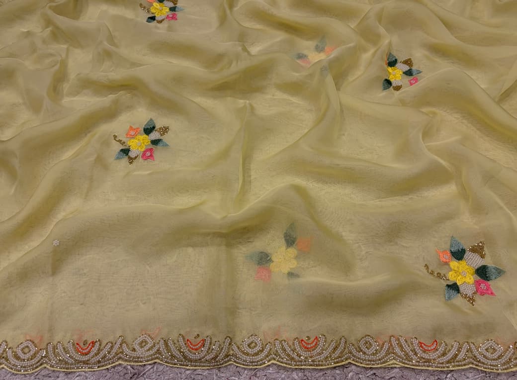Premium Pure Yellow Organza Silk saree embellished with resham thread pearl cut daana handwork & pure Russian silk handwork