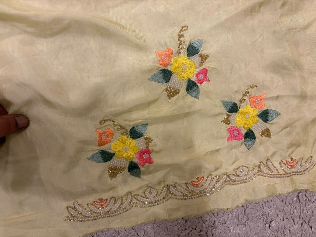Premium Pure Yellow Organza Silk saree embellished with resham thread pearl cut daana handwork & pure Russian silk handwork