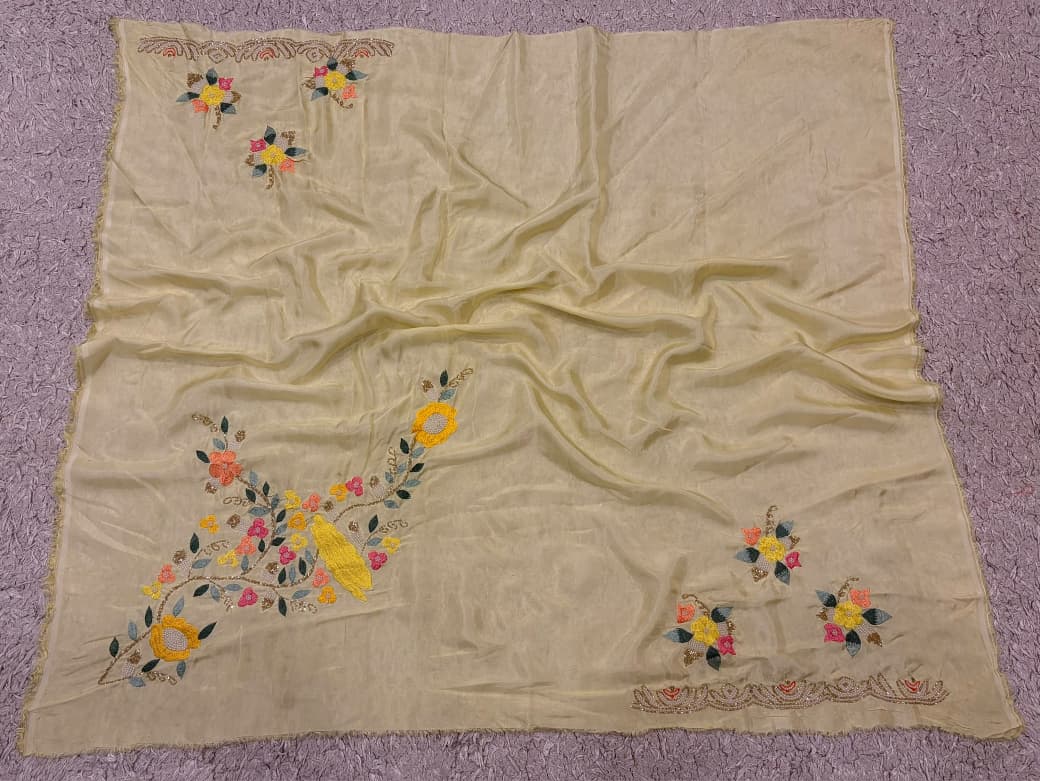 Premium Pure Yellow Organza Silk saree embellished with resham thread pearl cut daana handwork & pure Russian silk handwork