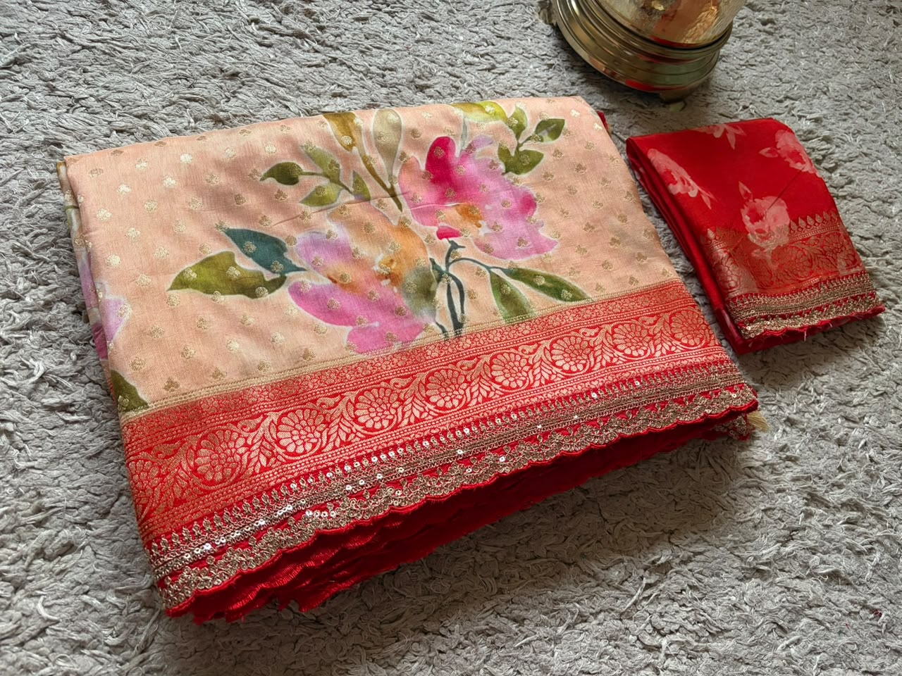 Sabyasachi Inspired  Peach Premium Pure Khaddi Muga Silk with banarasi zari weaving buttis