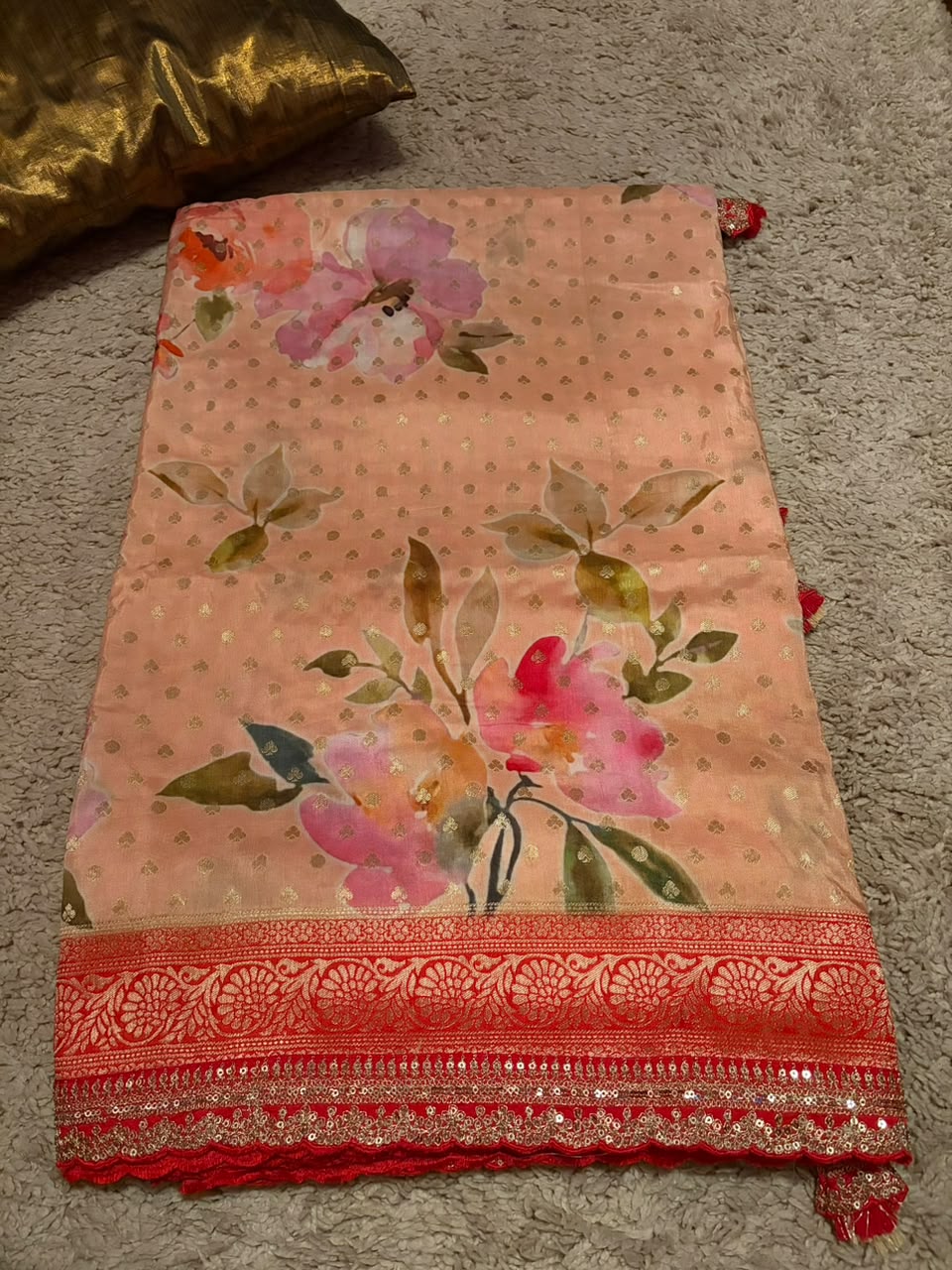 Sabyasachi Inspired  Peach Premium Pure Khaddi Muga Silk with banarasi zari weaving buttis