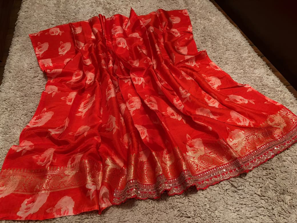 Sabyasachi Inspired  Peach Premium Pure Khaddi Muga Silk with banarasi zari weaving buttis