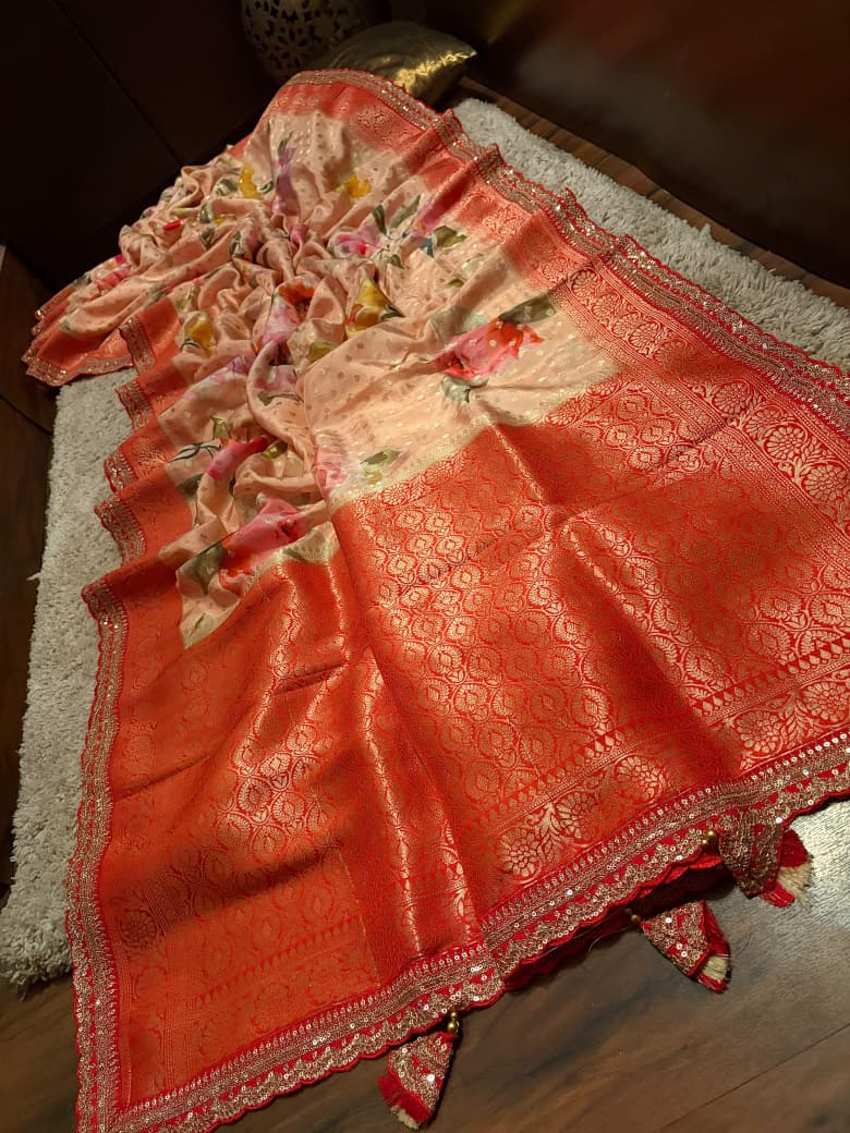 Sabyasachi Inspired  Peach Premium Pure Khaddi Muga Silk with banarasi zari weaving buttis