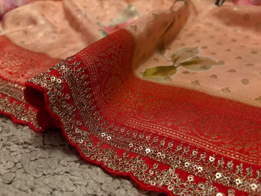Sabyasachi Inspired  Peach Premium Pure Khaddi Muga Silk with banarasi zari weaving buttis