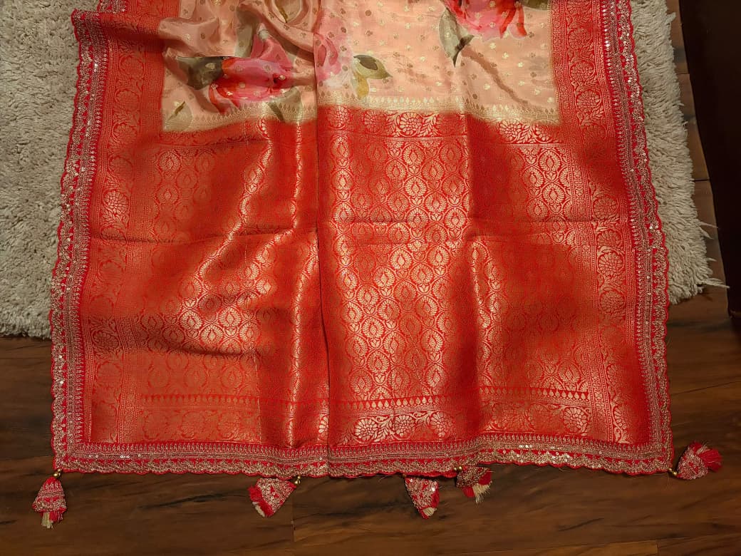 Sabyasachi Inspired  Peach Premium Pure Khaddi Muga Silk with banarasi zari weaving buttis