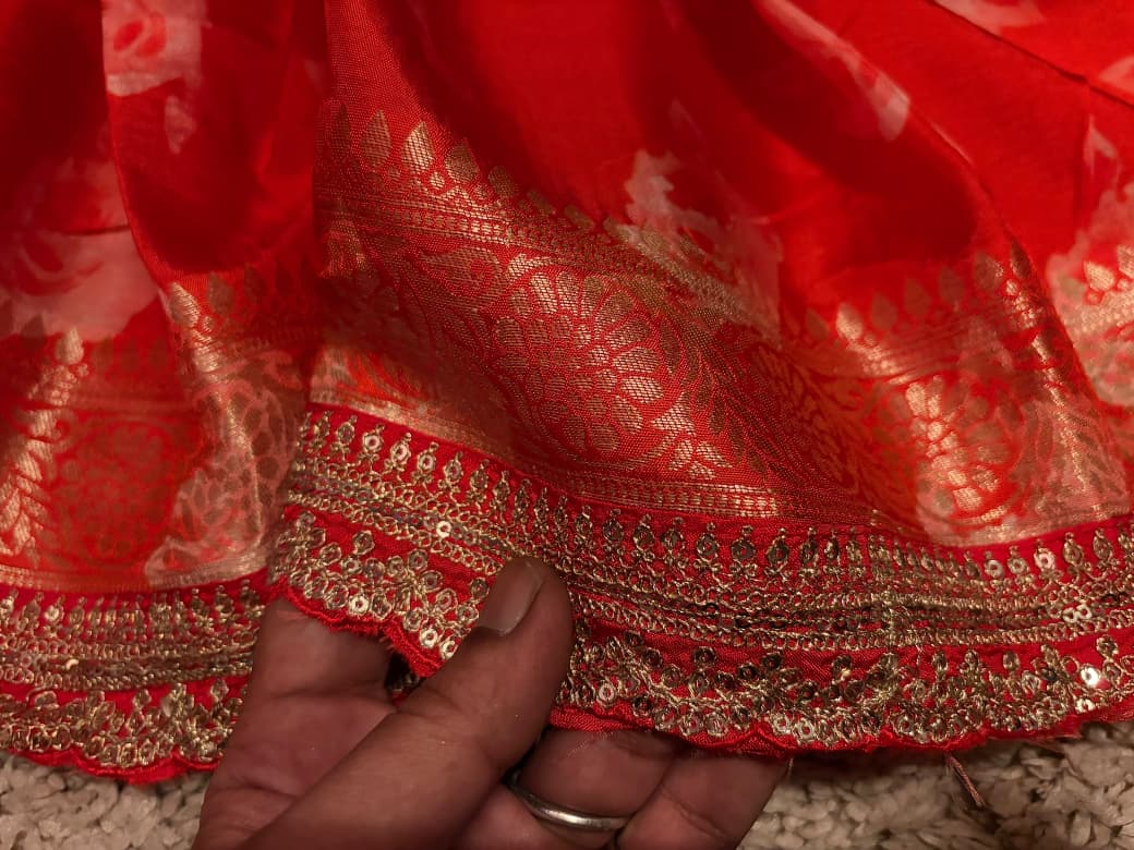 Sabyasachi Inspired  Peach Premium Pure Khaddi Muga Silk with banarasi zari weaving buttis