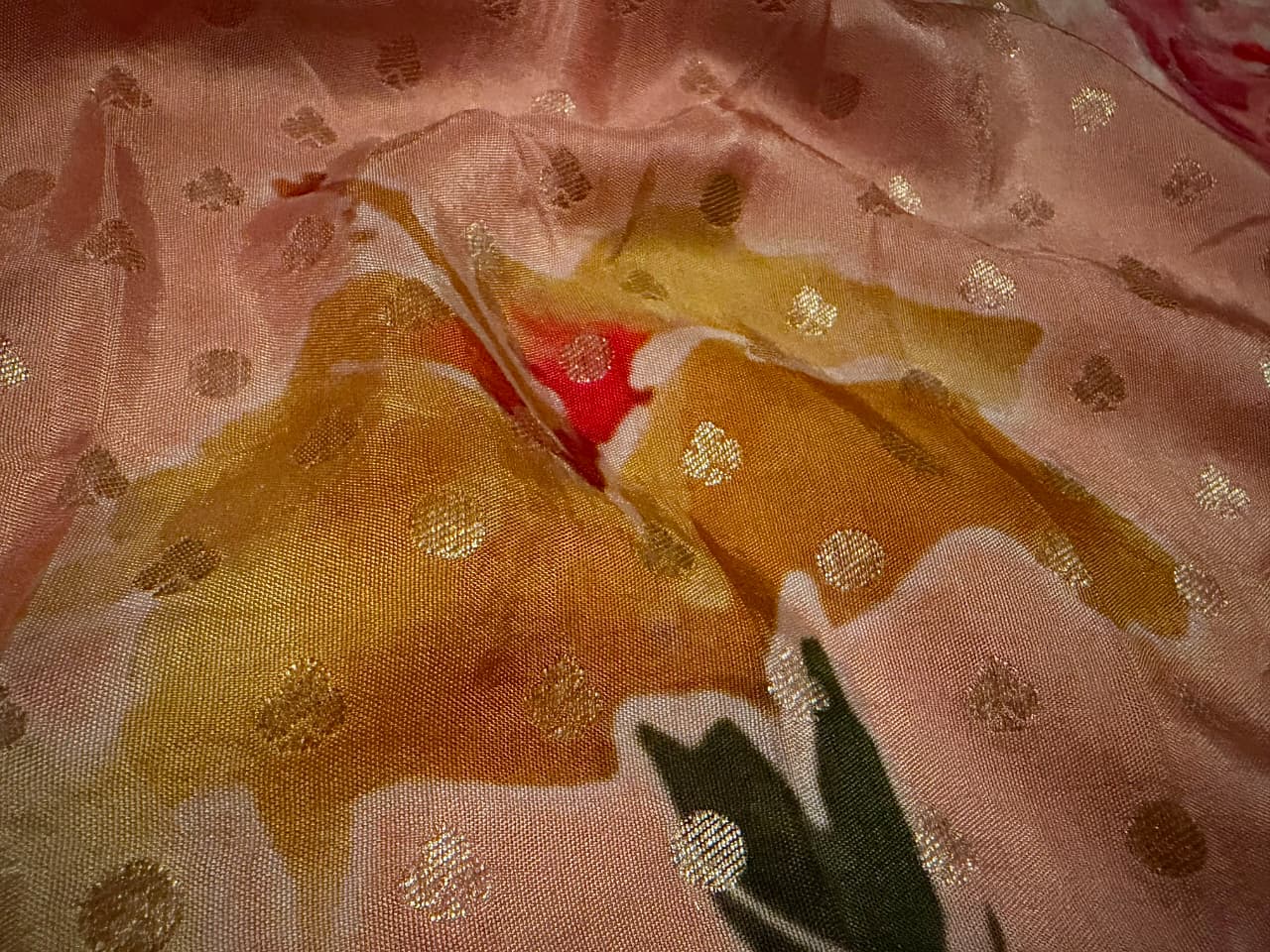Sabyasachi Inspired  Peach Premium Pure Khaddi Muga Silk with banarasi zari weaving buttis