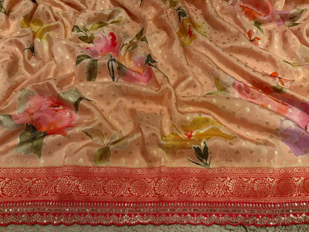 Sabyasachi Inspired  Peach Premium Pure Khaddi Muga Silk with banarasi zari weaving buttis