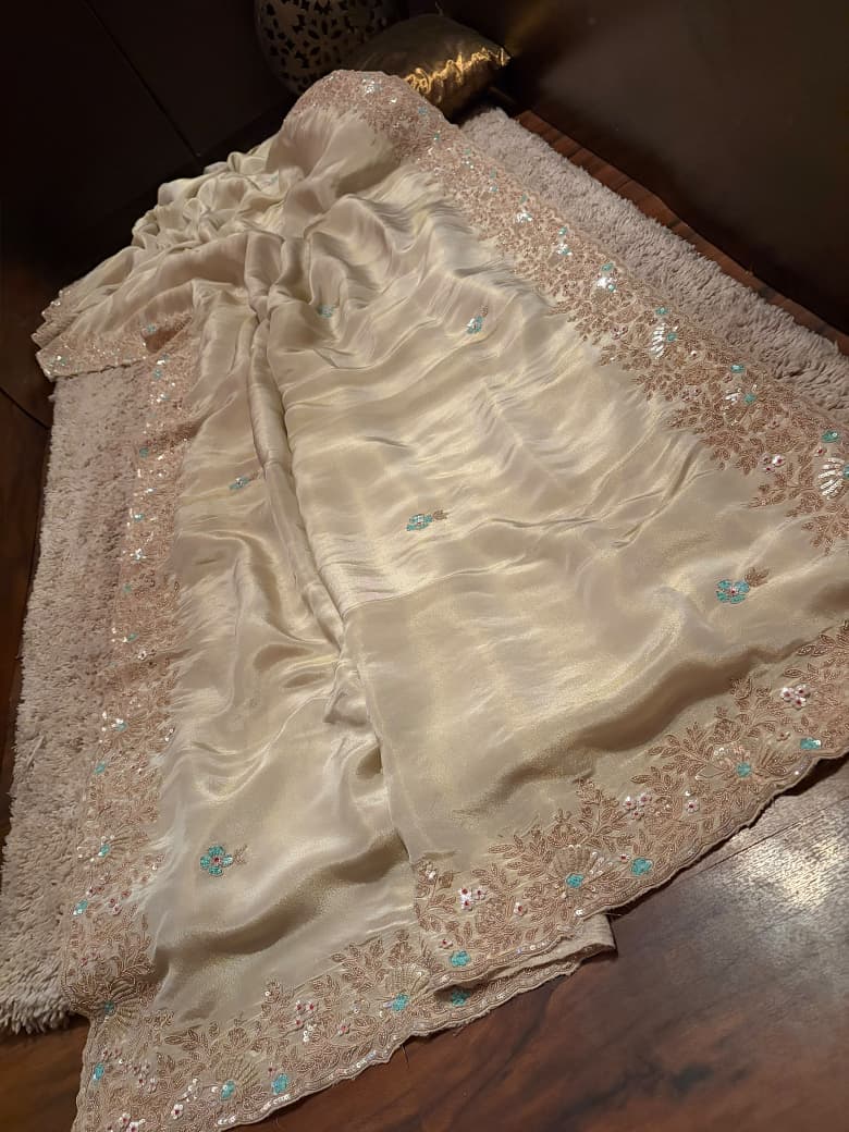 Premium Pure Banarasi Zari Tissue Silk Saree With Intricate Zardozi Handwork Running Blouse Piece