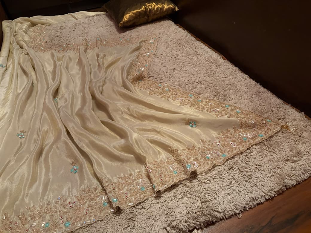 Premium Pure Banarasi Zari Tissue Silk Saree With Intricate Zardozi Handwork Running Blouse Piece