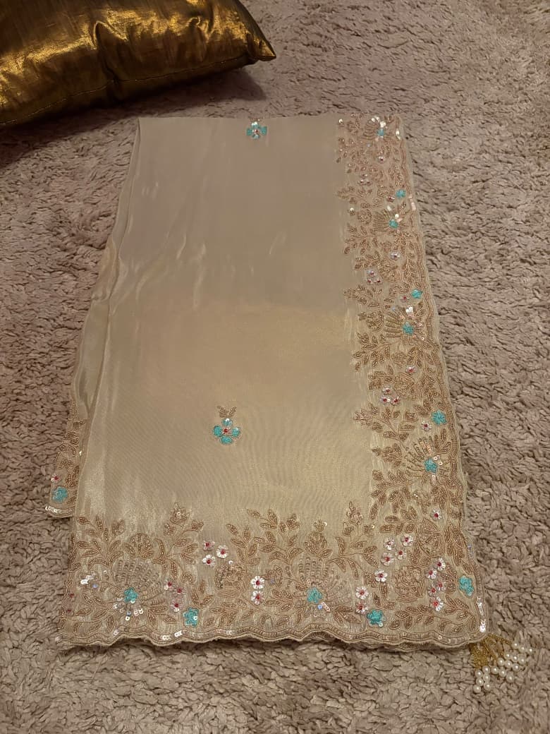 Premium Pure Banarasi Zari Tissue Silk Saree With Intricate Zardozi Handwork Running Blouse Piece
