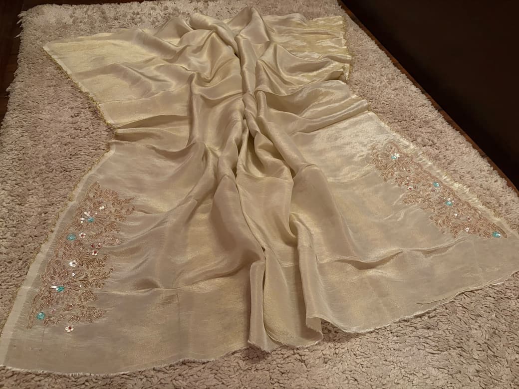 Premium Pure Banarasi Zari Tissue Silk Saree With Intricate Zardozi Handwork Running Blouse Piece