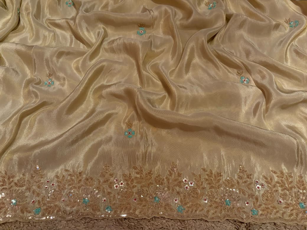 Premium Pure Banarasi Zari Tissue Silk Saree With Intricate Zardozi Handwork Running Blouse Piece