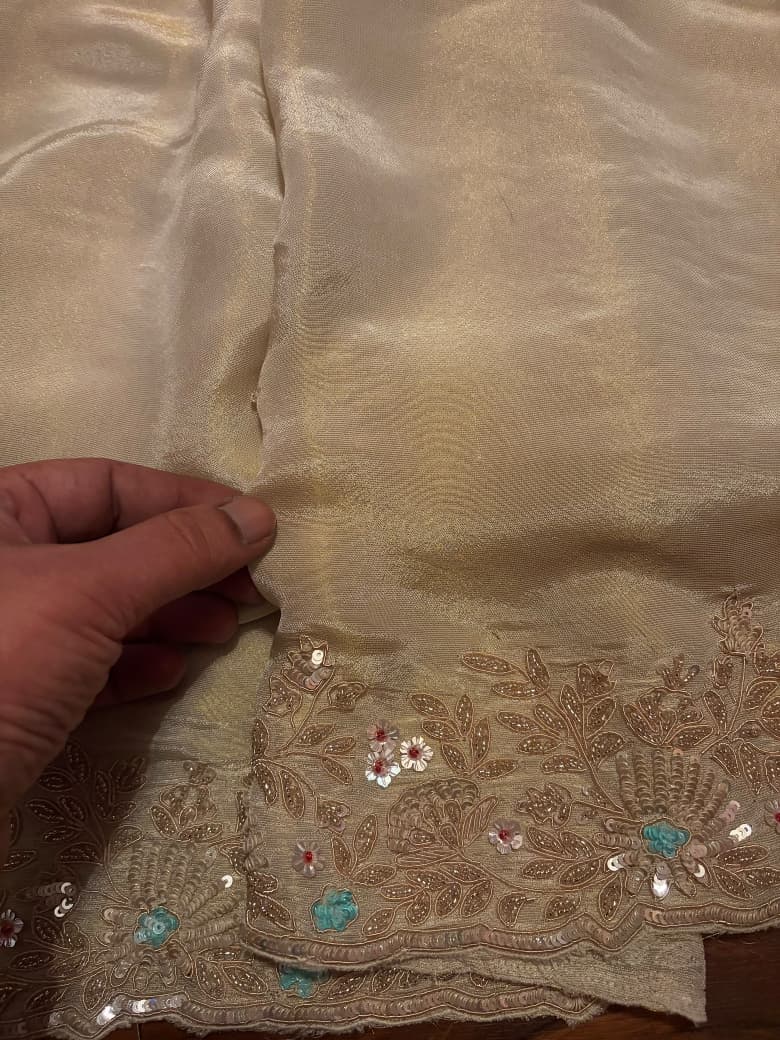 Premium Pure Banarasi Zari Tissue Silk Saree With Intricate Zardozi Handwork Running Blouse Piece