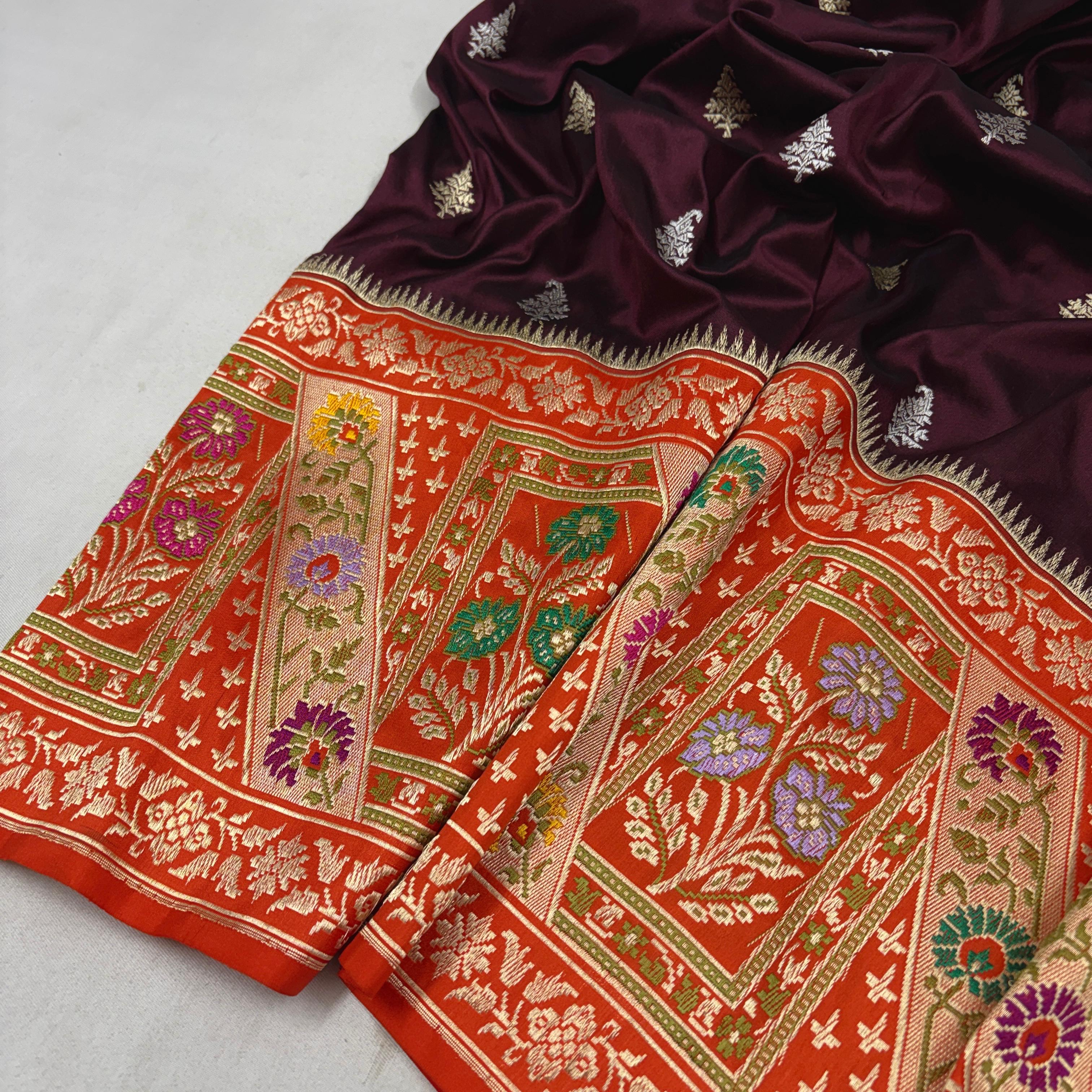 Banarasi Pure Katan Silk Saree With Kadhiyal Tilfi Gold-Silver Zari