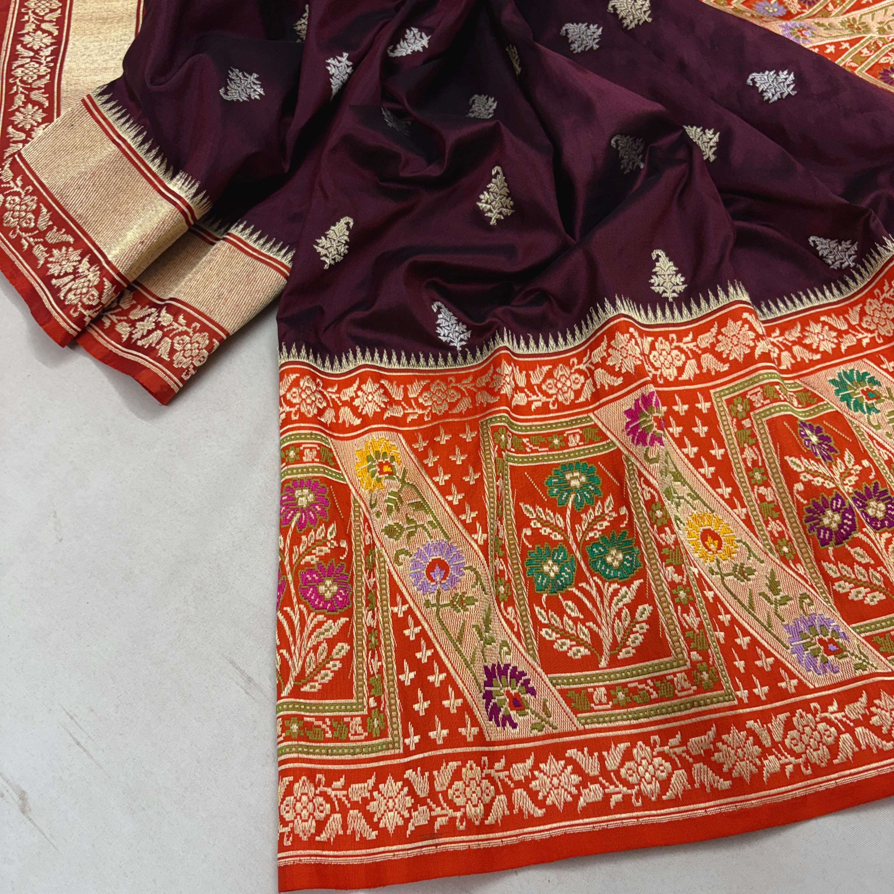 Banarasi Pure Katan Silk Saree With Kadhiyal Tilfi Gold-Silver Zari