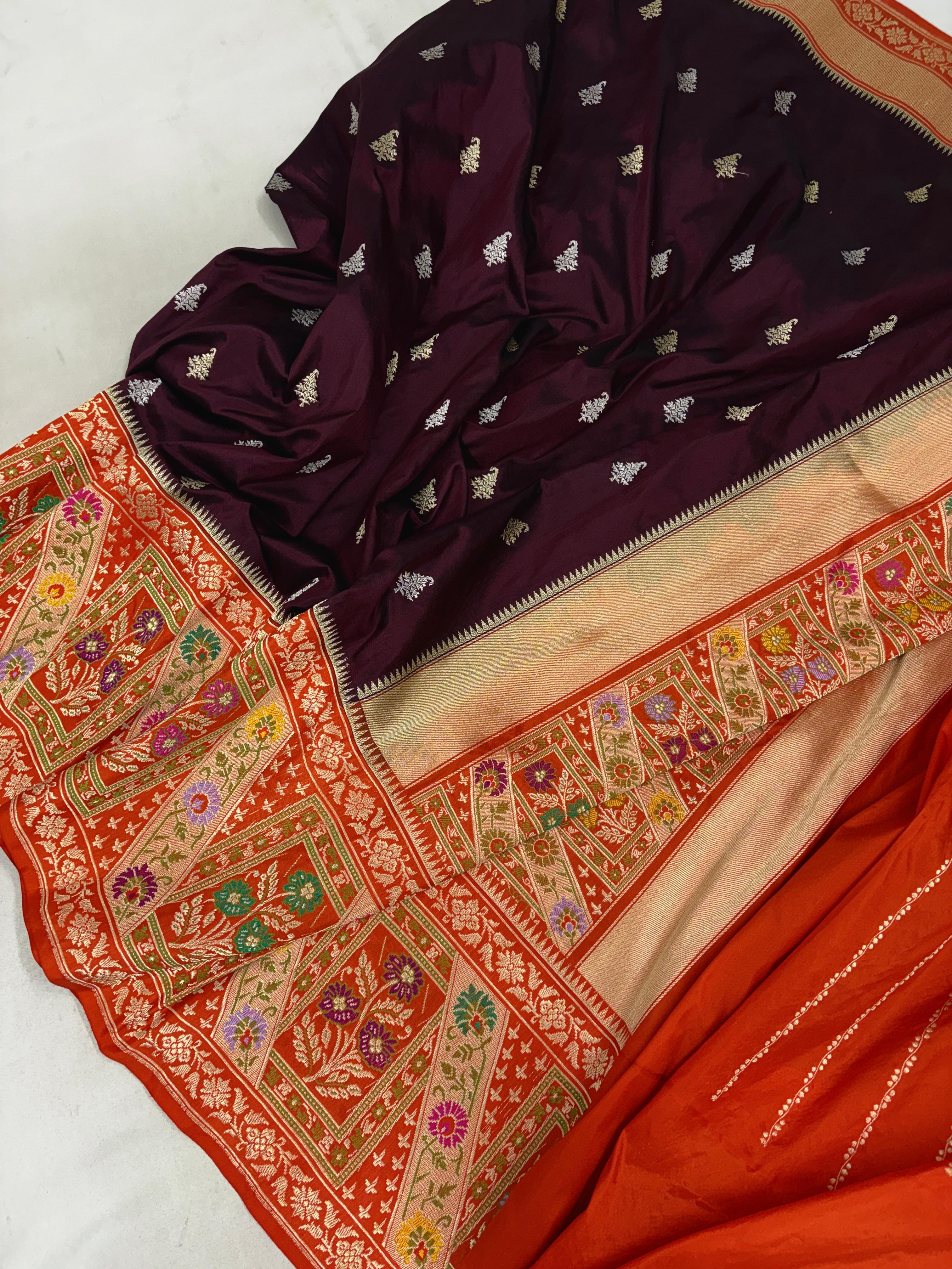 Banarasi Pure Katan Silk Saree With Kadhiyal Tilfi Gold-Silver Zari