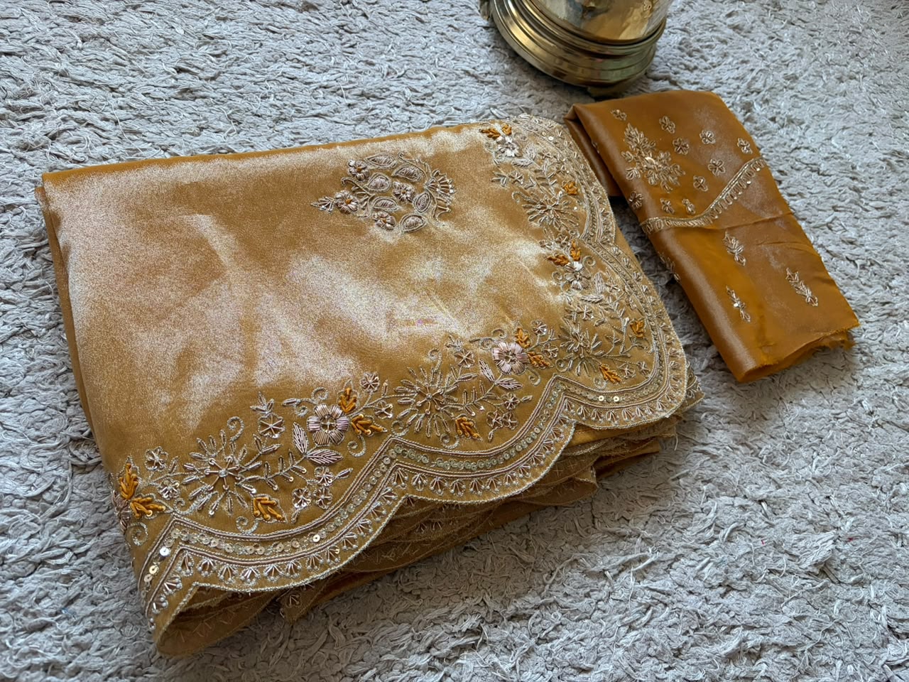 Golden Yellow Pure Zari Banarasi Tissue Silk sarees embellished with intricate zardozi handwork with running designer zardozi