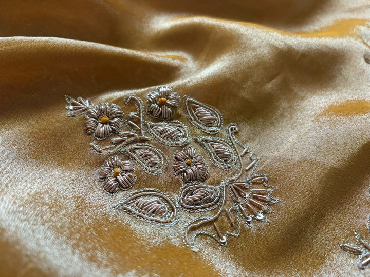 Golden Yellow Pure Zari Banarasi Tissue Silk sarees embellished with intricate zardozi handwork with running designer zardozi