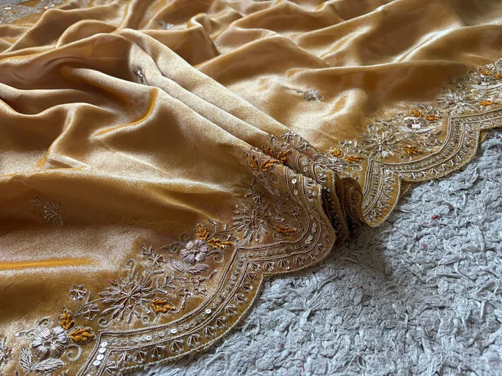 Golden Yellow Pure Zari Banarasi Tissue Silk sarees embellished with intricate zardozi handwork with running designer zardozi