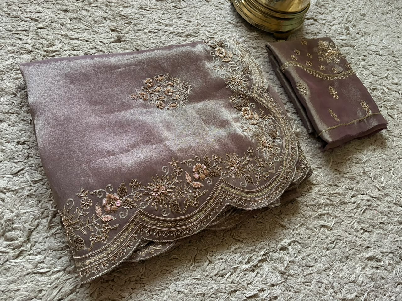 Golden Yellow & Violet Premium Pure Zari Banarasi Tissue Silk sarees embellished with intricate zardozi handwork with running designer zardozi handwork bp