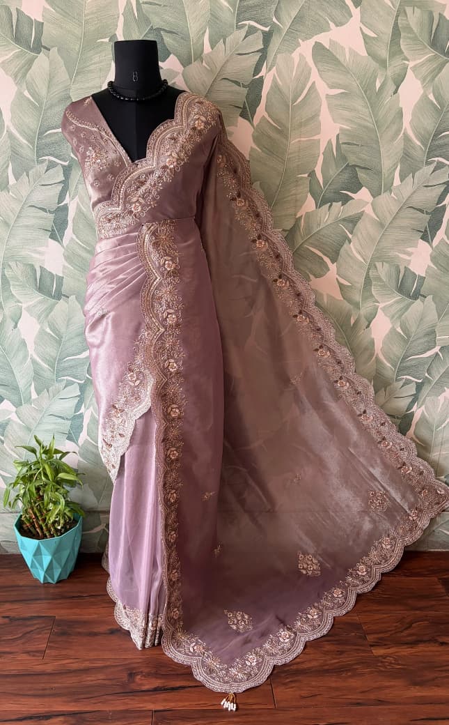 Golden Yellow & Violet Premium Pure Zari Banarasi Tissue Silk sarees embellished with intricate zardozi handwork with running designer zardozi handwork bp