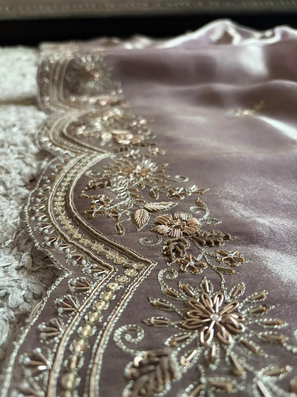 Golden Yellow & Violet Premium Pure Zari Banarasi Tissue Silk sarees embellished with intricate zardozi handwork with running designer zardozi handwork bp