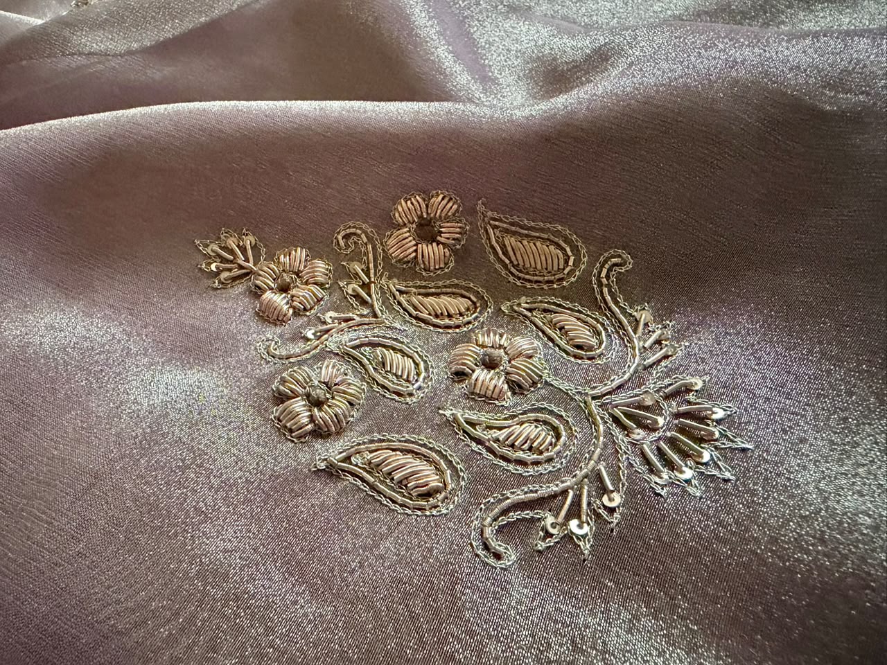 Golden Yellow & Violet Premium Pure Zari Banarasi Tissue Silk sarees embellished with intricate zardozi handwork with running designer zardozi handwork bp