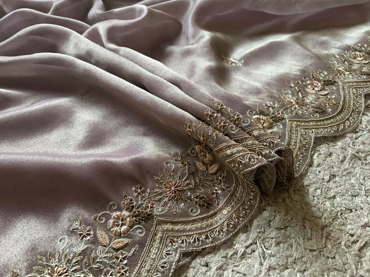 Golden Yellow & Violet Premium Pure Zari Banarasi Tissue Silk sarees embellished with intricate zardozi handwork with running designer zardozi handwork bp