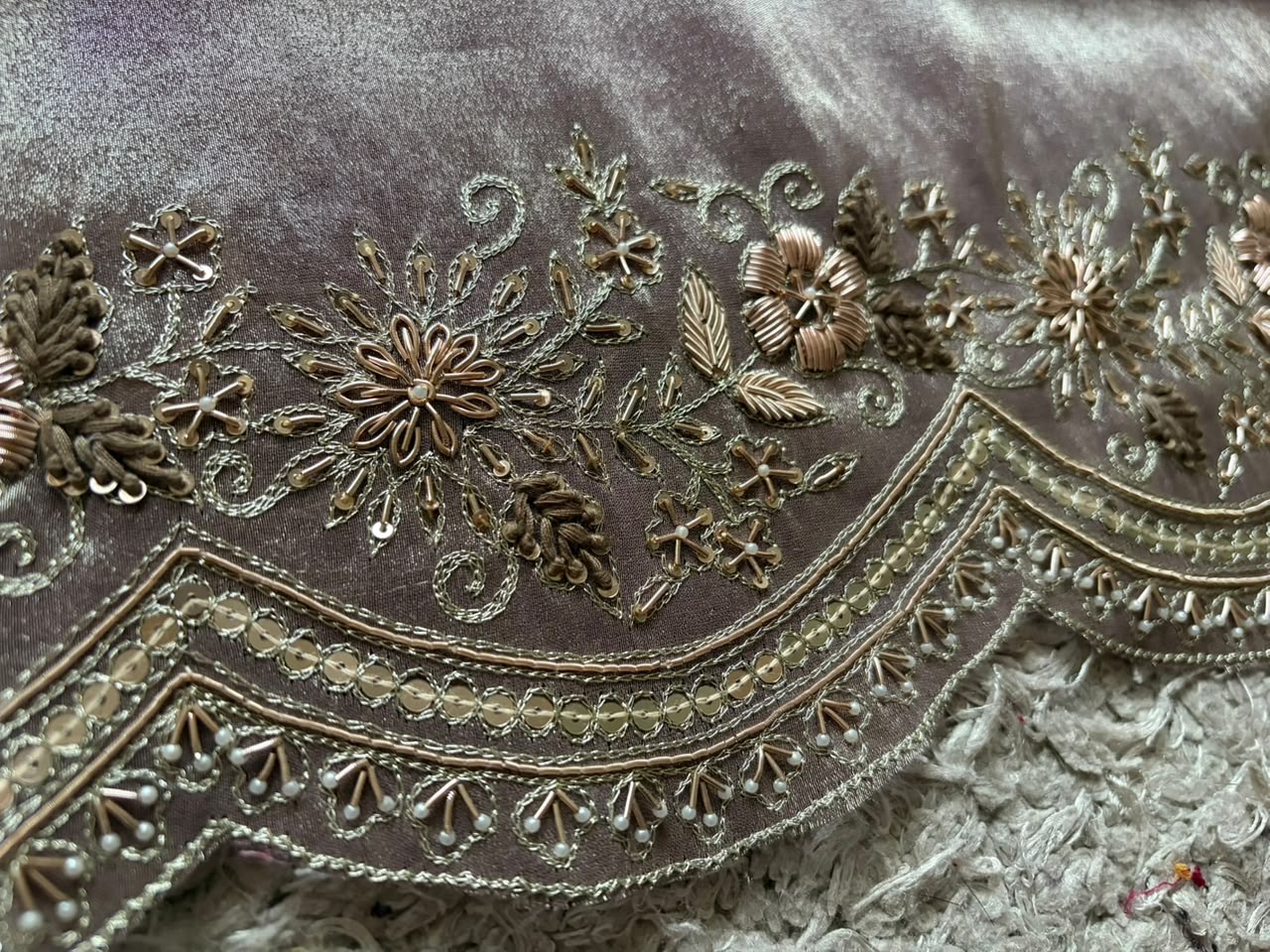 Golden Yellow & Violet Premium Pure Zari Banarasi Tissue Silk sarees embellished with intricate zardozi handwork with running designer zardozi handwork bp