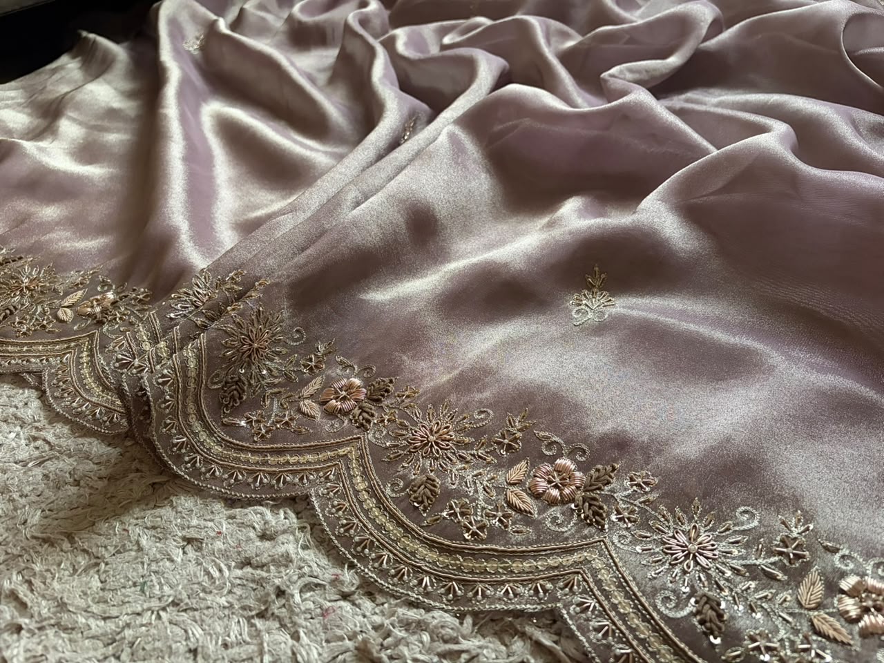 Golden Yellow & Violet Premium Pure Zari Banarasi Tissue Silk sarees embellished with intricate zardozi handwork with running designer zardozi handwork bp