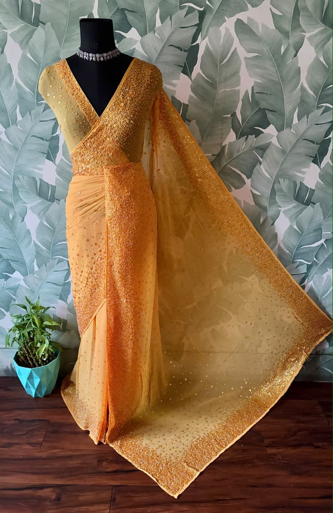 Premium Pure Chinnon/Georgette saree with pearl sequins handwork