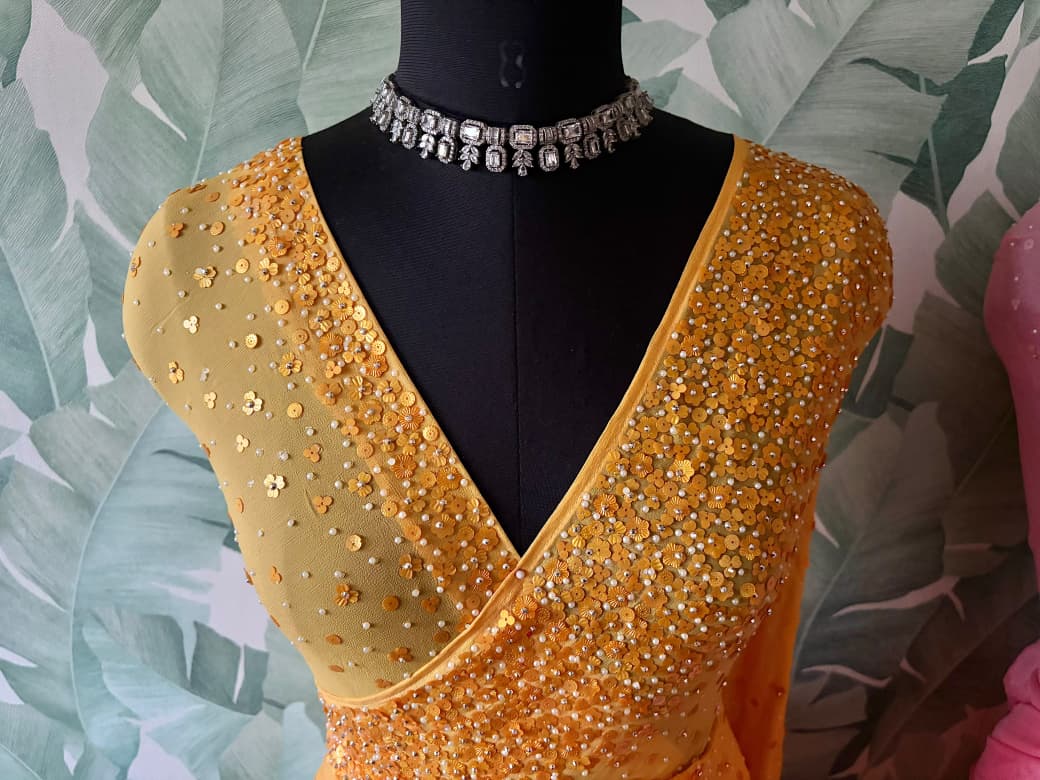 Premium Pure Chinnon/Georgette saree with pearl sequins handwork