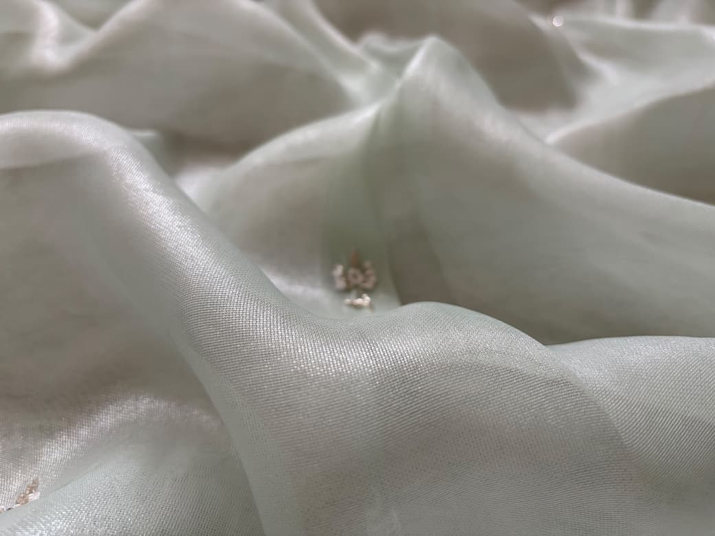 Premium Pure Tissue Organza Silk saree embellished with intricate scalloped silver zardozi handwork