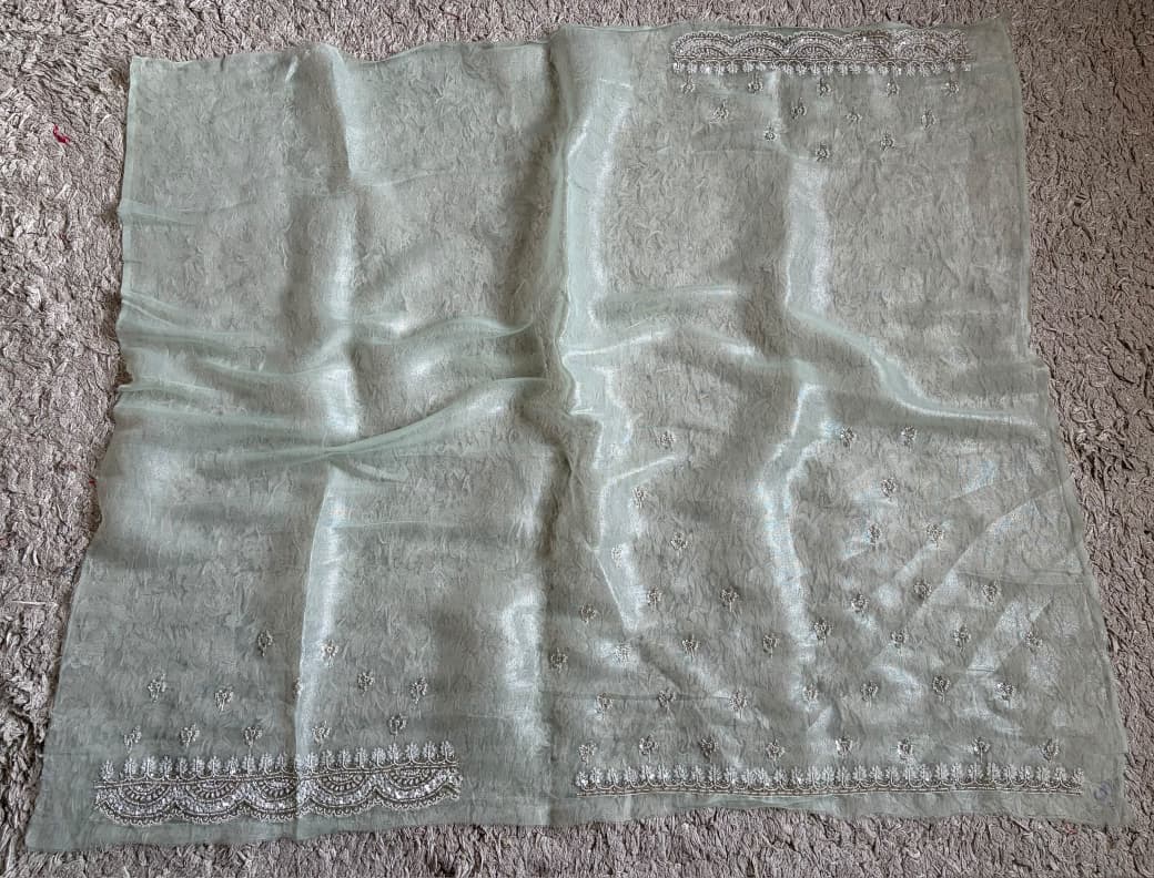 Premium Pure Tissue Organza Silk saree embellished with intricate scalloped silver zardozi handwork