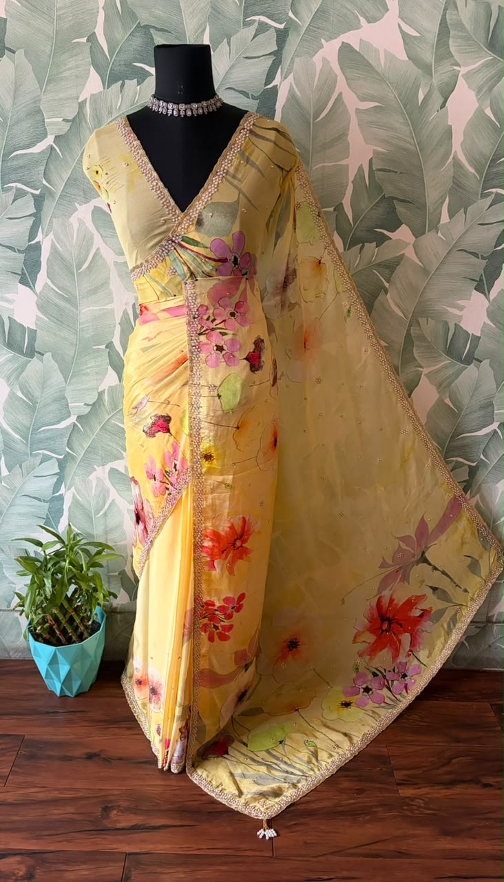 Vibrant yellow designer premium pure chinnon crepe silk saree embellished with zardozi pearl cut daana handwork