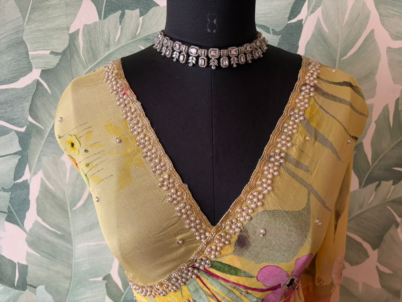 Vibrant yellow designer premium pure chinnon crepe silk saree embellished with zardozi pearl cut daana handwork