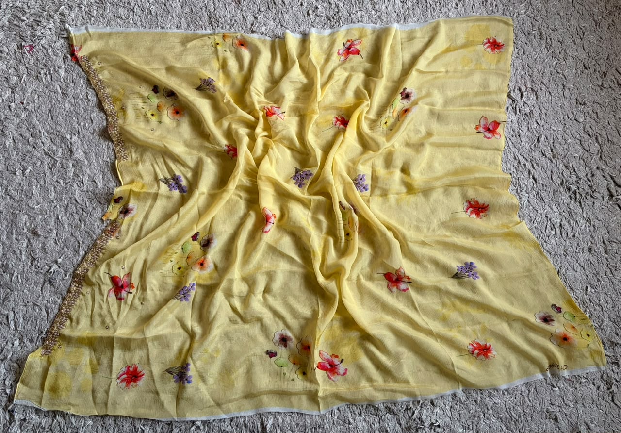 Vibrant yellow designer premium pure chinnon crepe silk saree embellished with zardozi pearl cut daana handwork