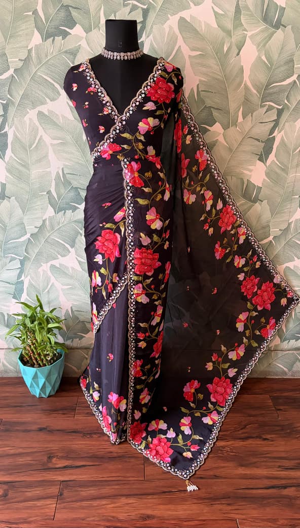 Exclusive Premium Pure Chinnon Silk saree embellished with intricate pearl sequins cut daana handwork & running handwork bp