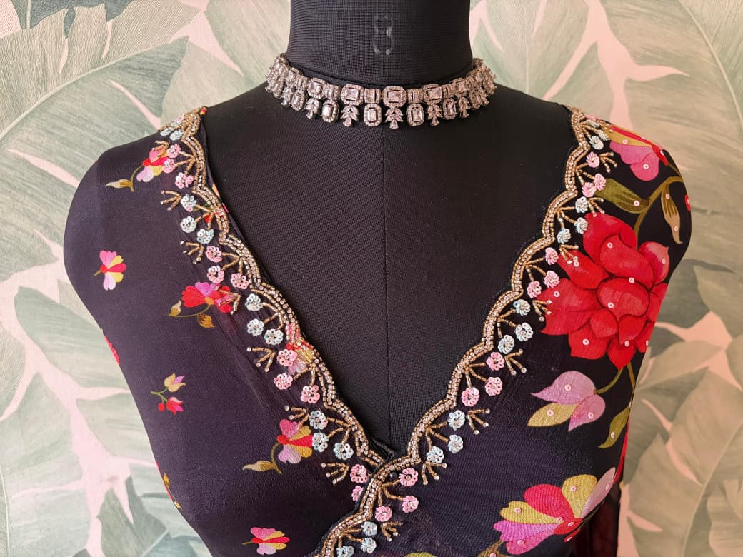 Exclusive Premium Pure Chinnon Silk saree embellished with intricate pearl sequins cut daana handwork & running handwork bp