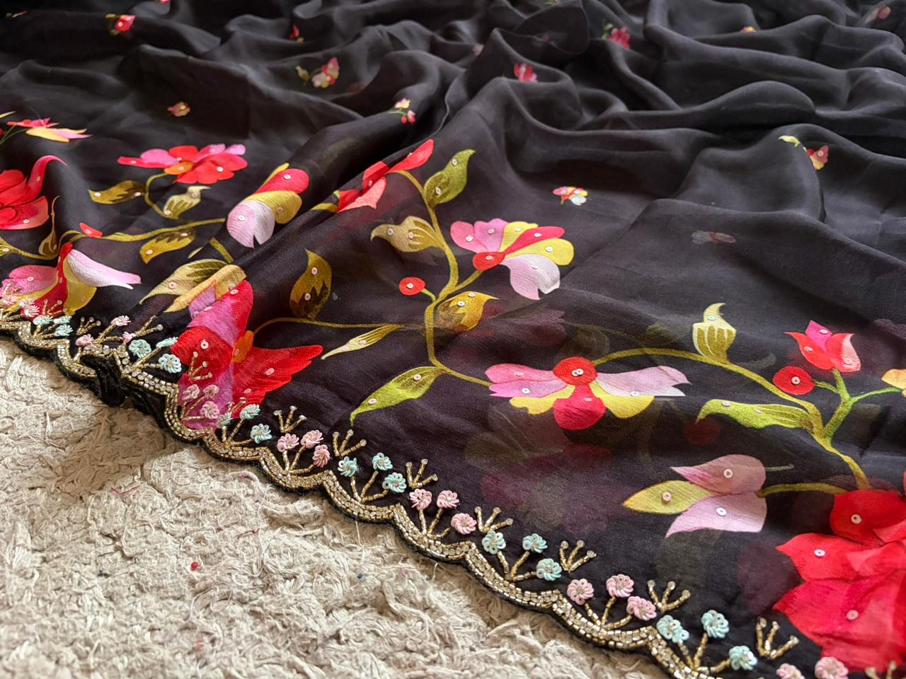 Exclusive Premium Pure Chinnon Silk saree embellished with intricate pearl sequins cut daana handwork & running handwork bp