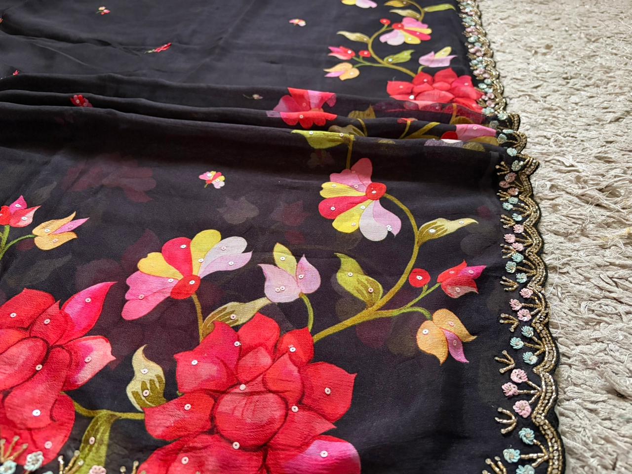 Exclusive Premium Pure Chinnon Silk saree embellished with intricate pearl sequins cut daana handwork & running handwork bp