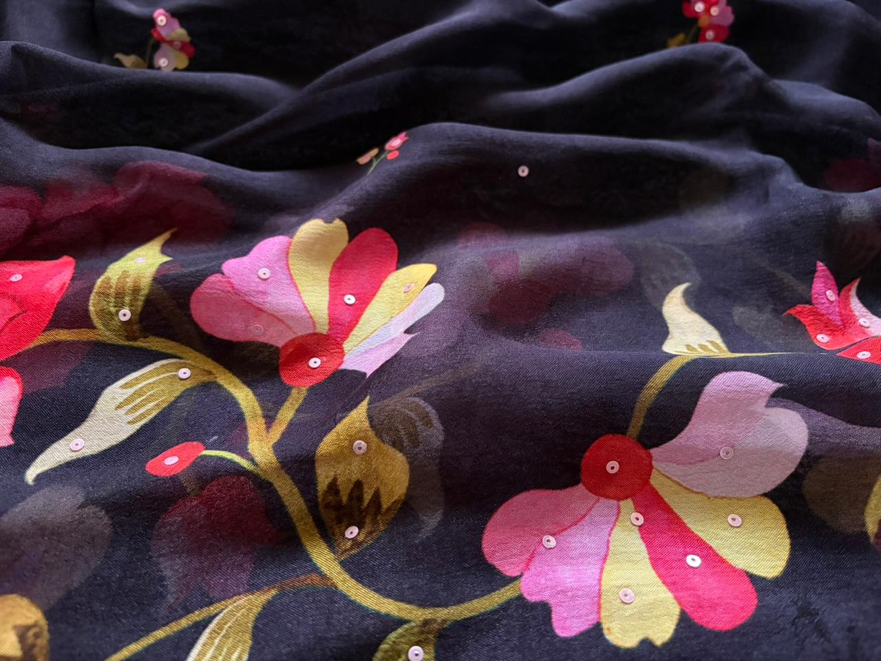Exclusive Premium Pure Chinnon Silk saree embellished with intricate pearl sequins cut daana handwork & running handwork bp