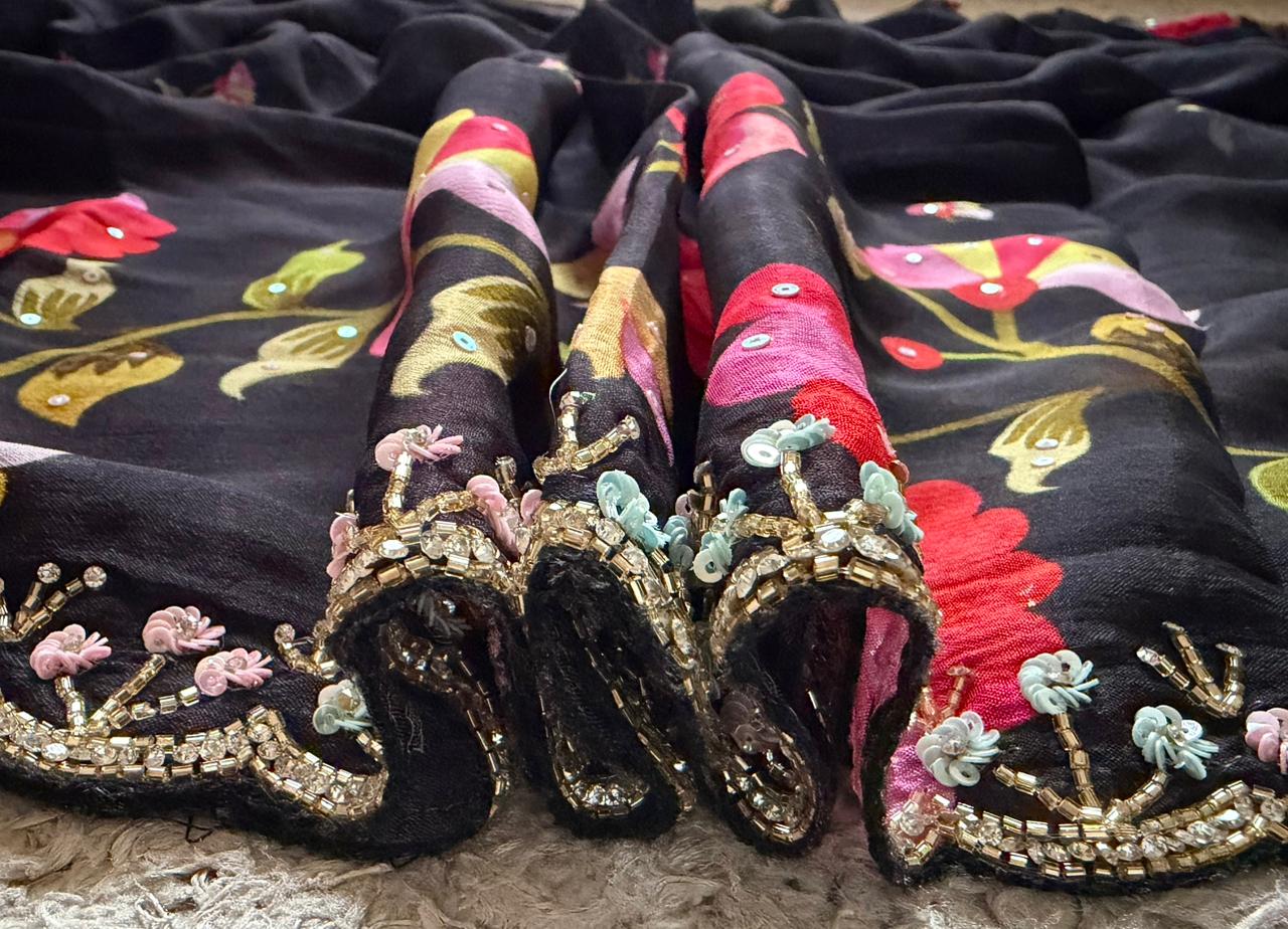 Exclusive Premium Pure Chinnon Silk saree embellished with intricate pearl sequins cut daana handwork & running handwork bp