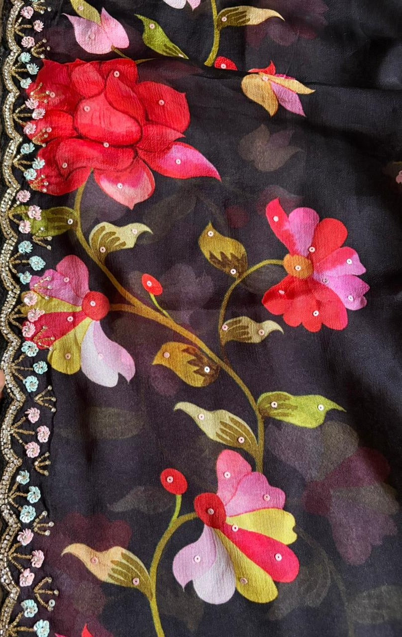Exclusive Premium Pure Chinnon Silk saree embellished with intricate pearl sequins cut daana handwork & running handwork bp