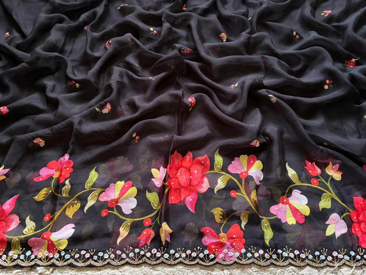 Exclusive Premium Pure Chinnon Silk saree embellished with intricate pearl sequins cut daana handwork & running handwork bp