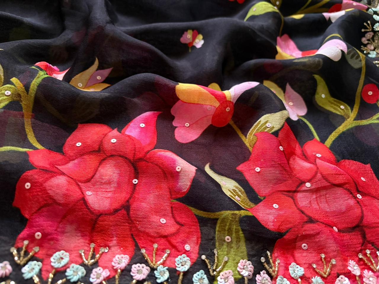 Exclusive Premium Pure Chinnon Silk saree embellished with intricate pearl sequins cut daana handwork & running handwork bp