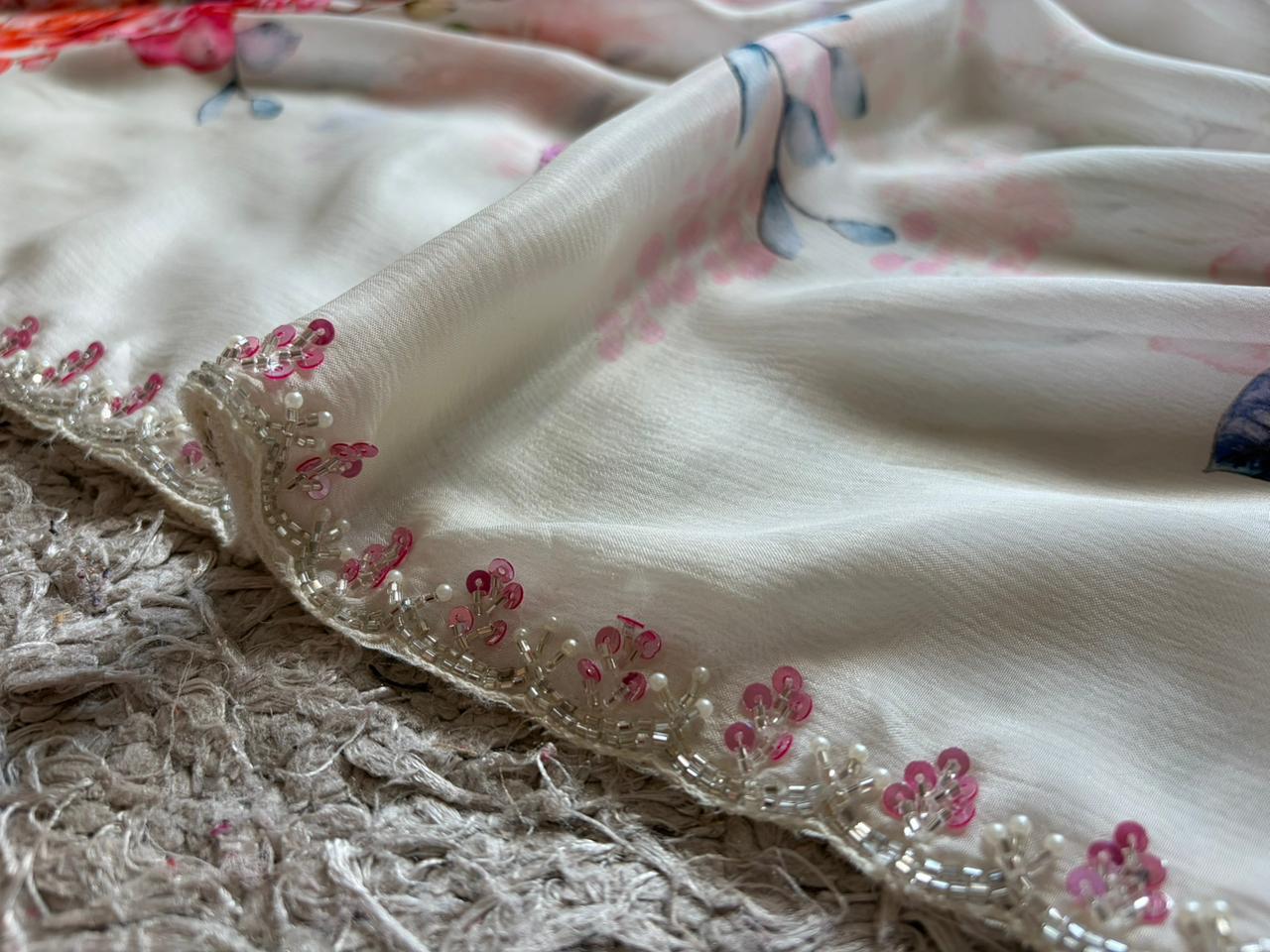 Exclusive premium pure chinnon silk saree embellished with intricate pearl sequins cut daana handwork